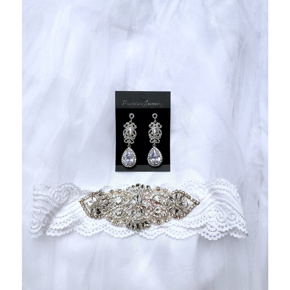 Bridal Bundle Wedding Set 3 Layer Crinoline Petticoat, Garter, Crystal Earrings
